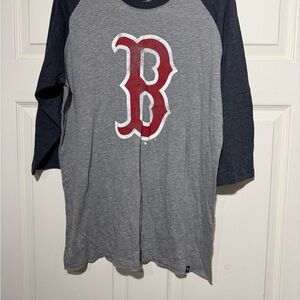 '47 Brand Men's Long Sleeve Raglan Tee - Gray Body with Navy Sleeves and Red 'B'